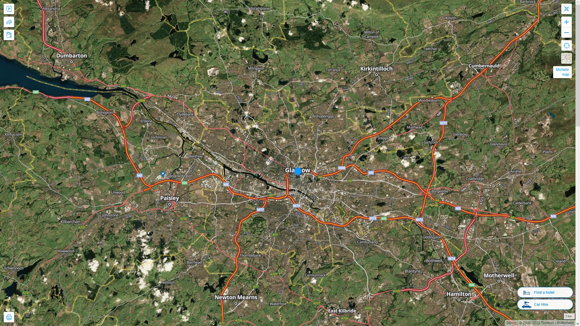Glasgow Royaume Uni Autoroute et carte routiere avec vue satellite